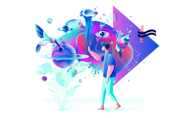 网络空间,绘画插图,男人,多色的,抽象,玩家,技术,活力,不平坦的,暗色