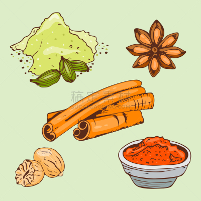 香料,食品,调味品,草本,动物手,高雅,蔬菜,肉豆蔻,清新,绘制