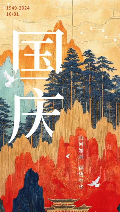 国庆节节日祝福恢宏水墨全屏海报AIGC
