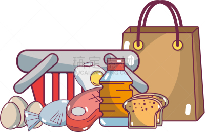 食品杂货,超级市场,商品,卡通,分离着色,牛排,商务,篮子,肉,手摇车