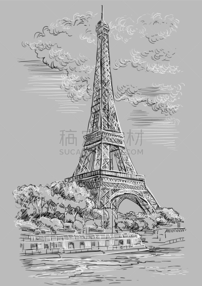 巴黎,灰色,一只动物,绘画插图,国际著名景点,法国,著名景点,河流,剪影