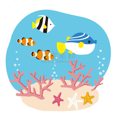 鱼类,绘画插图,海洋,在下面,可爱的,热带气候,橙色,海星,海鱼,海底