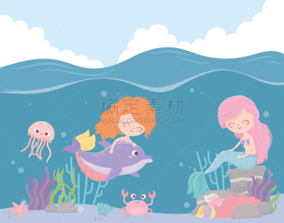 在下面,美人鱼,卡通,海星,水母,海洋,螃蟹,珊瑚