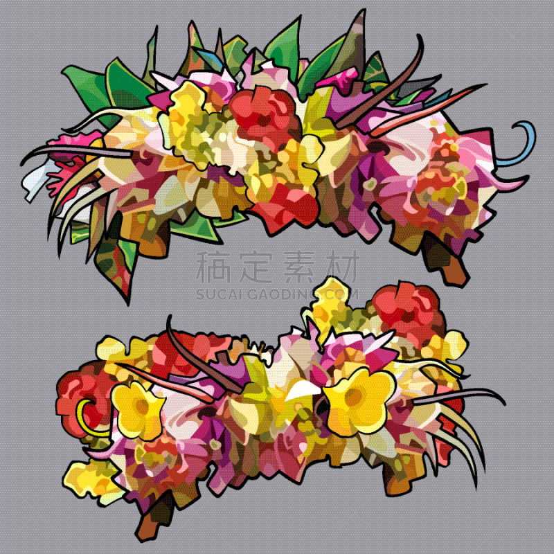 花环,色彩鲜艳,卡通,两只动物,夏天,半圆形,黄色,红色,粉色,绿色