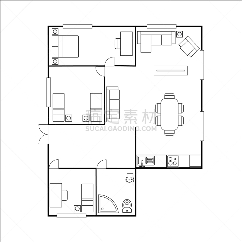 building plan with furniture isolated on white