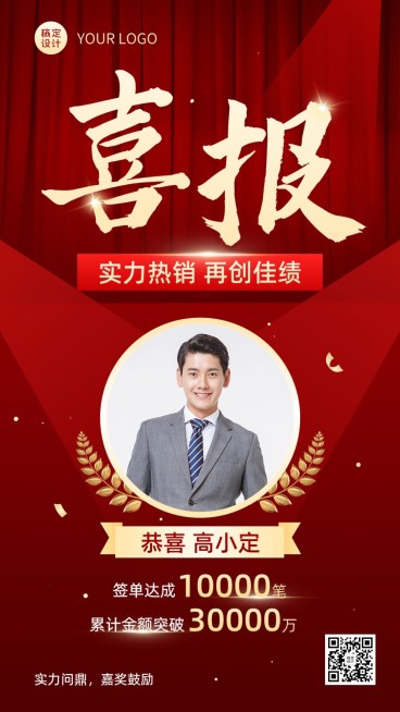 微商代理销售个人业绩表彰人物喜报喜庆手机海报预览效果