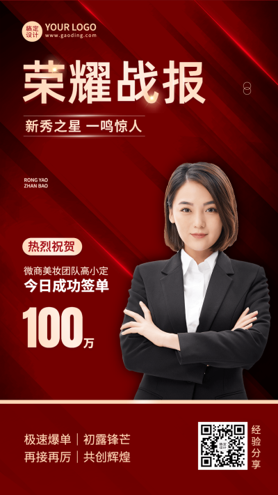微商销售表彰荣耀喜报贺报喜庆风人物手机海报