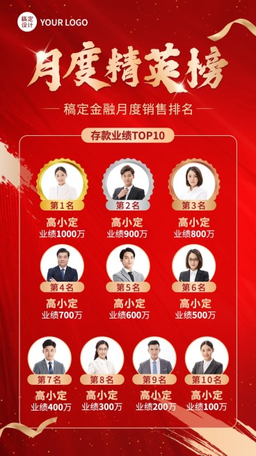 金融保险销售表彰月度排行榜喜报喜庆手机海报预览效果