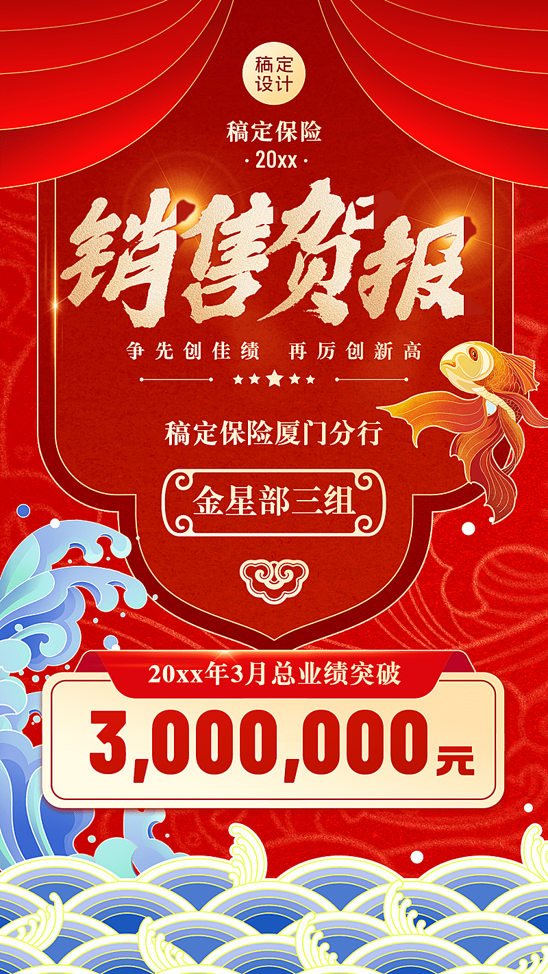 金融保险销售业绩表彰贺报喜报创意国潮风手机海报