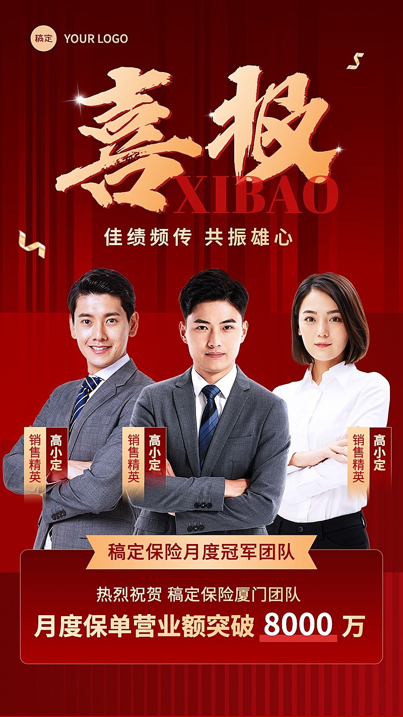 金融保险团队表彰喜报贺报多人喜庆风手机海报