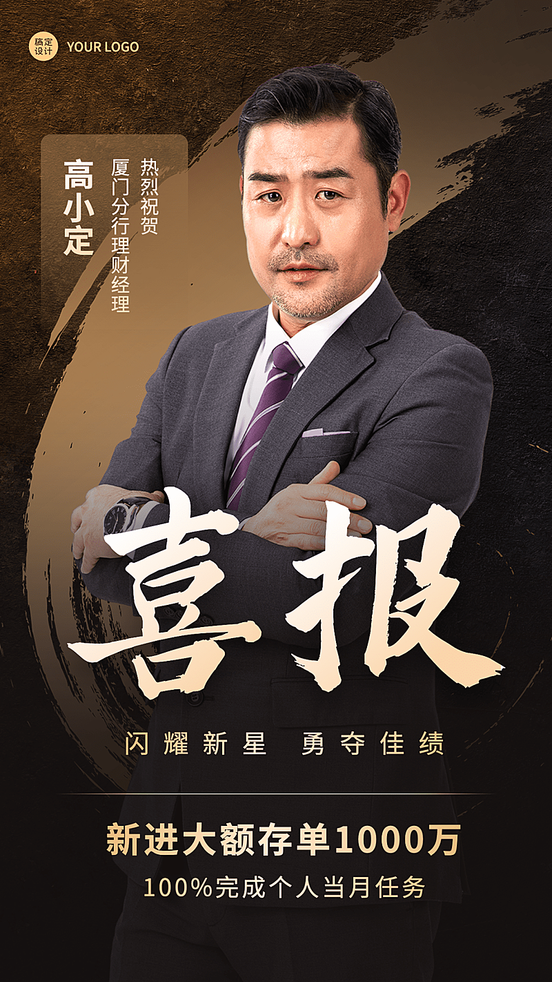 金融银行业绩表彰喜报贺报黑金奢华风人物海报