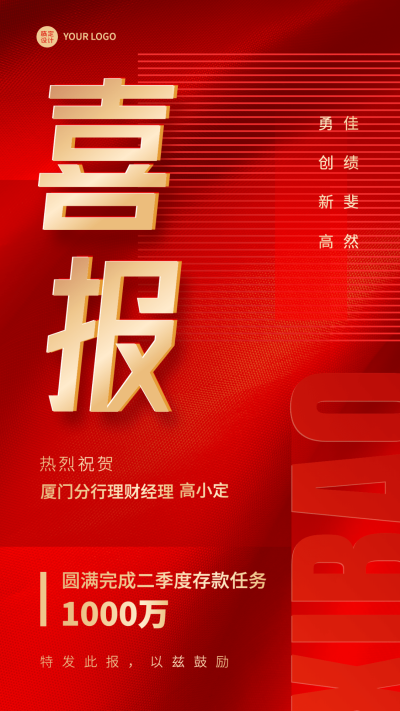 金融银行业绩表彰喜报贺报红金喜庆风手机海报