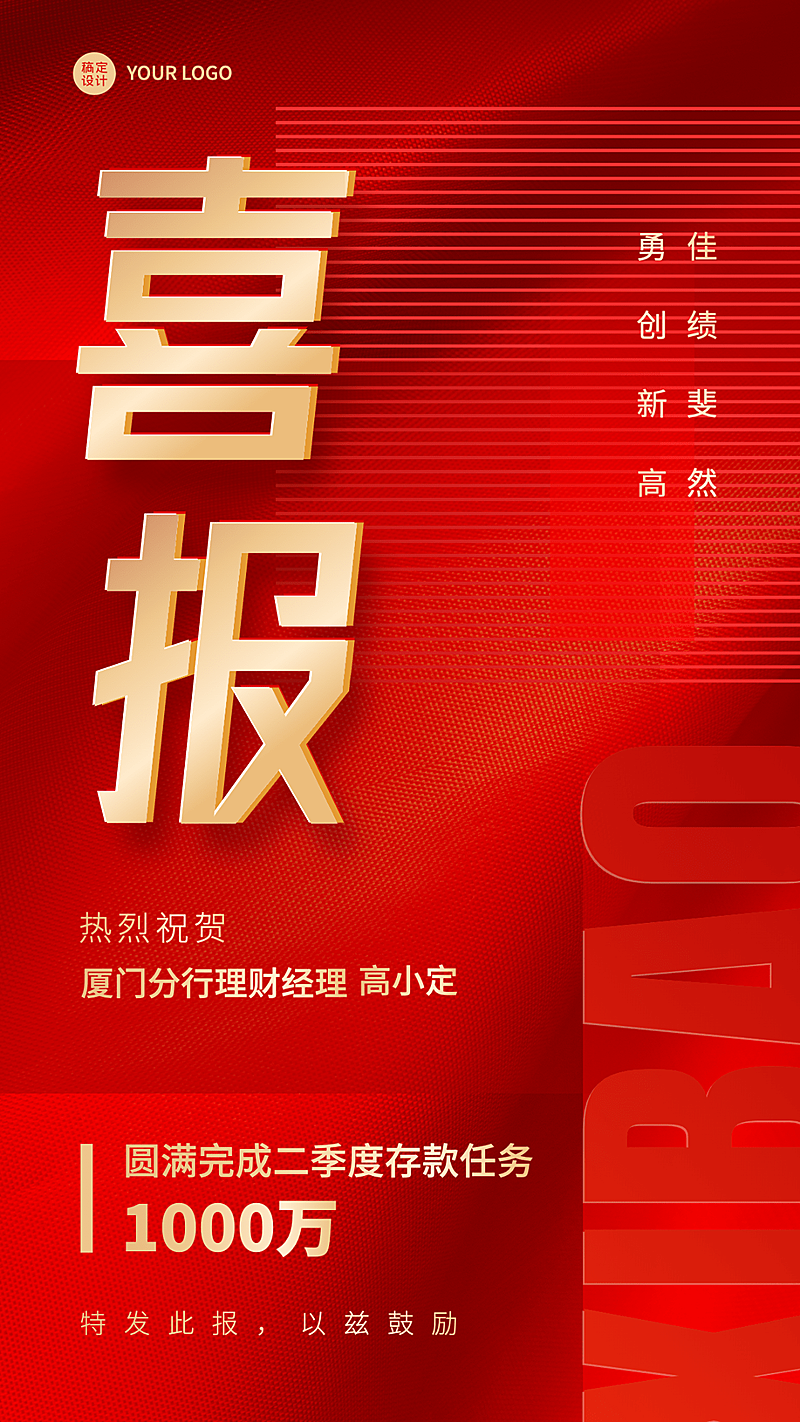 金融银行业绩表彰喜报贺报红金喜庆风手机海报