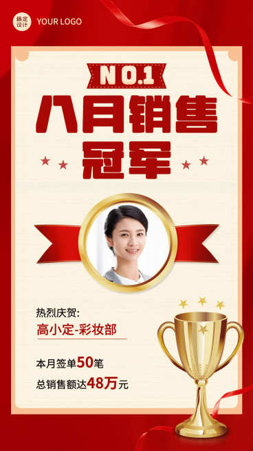 微商销售冠军业绩表彰喜报贺报喜庆人物海报预览效果