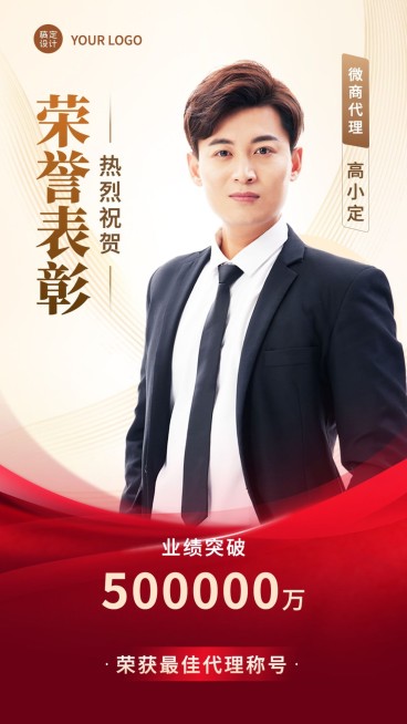 微商销售代理业绩表彰喜报喜庆人物手机海报预览效果