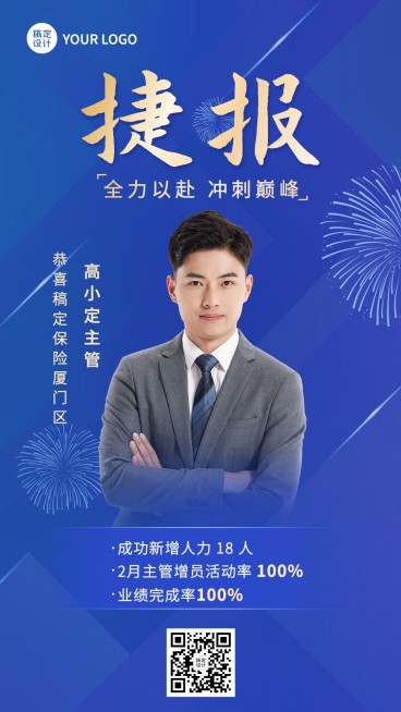 金融保险增员业绩表彰喜报人物蓝金风手机海报预览效果
