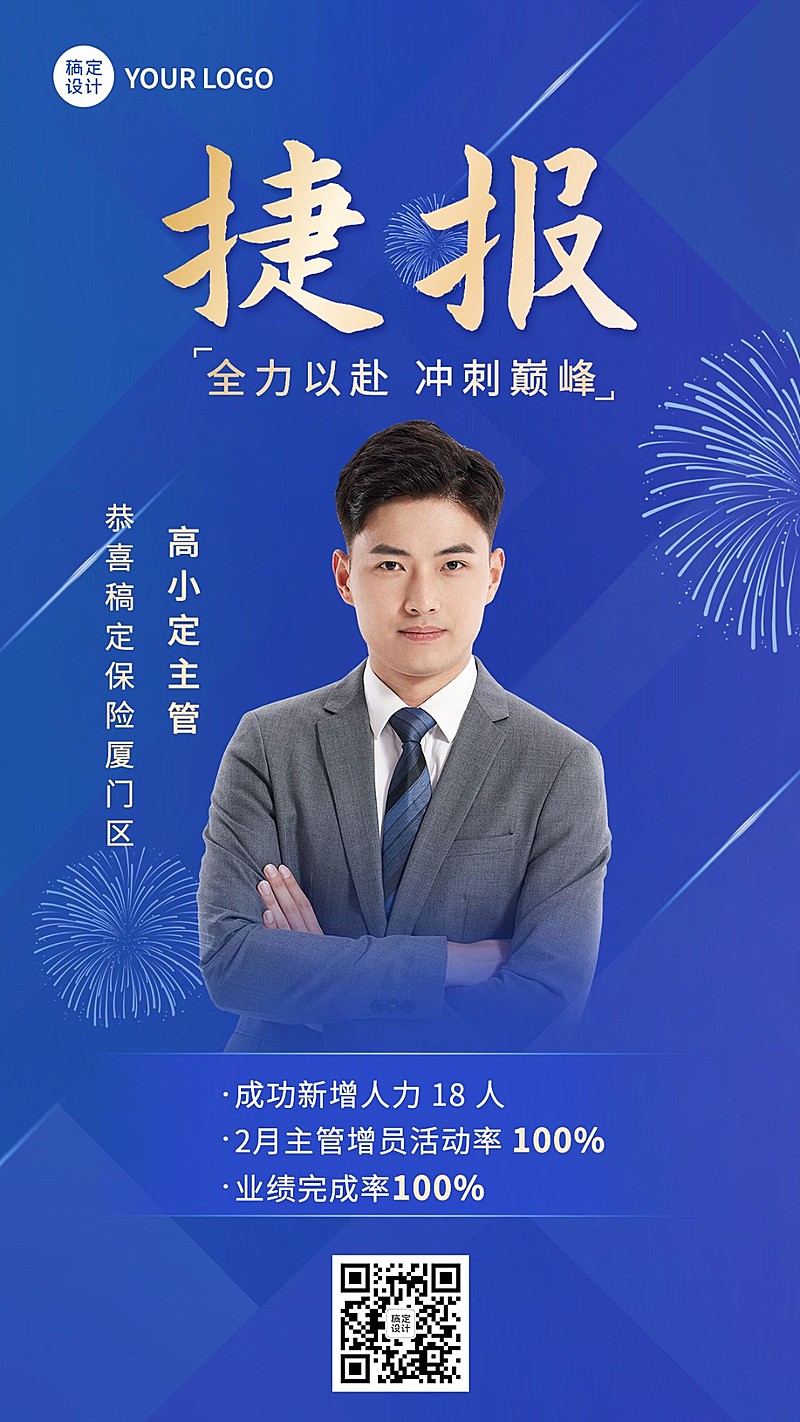 金融保险增员业绩表彰喜报人物蓝金风手机海报
