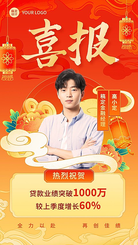 金融贷款业绩表彰喜报国潮风人物手机海报