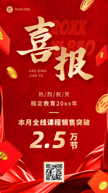 课程教育业绩大字红金喜报预览效果