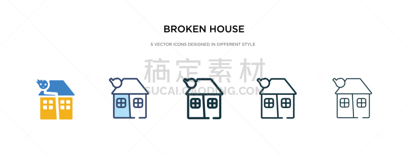 broken house icon in different style two colored