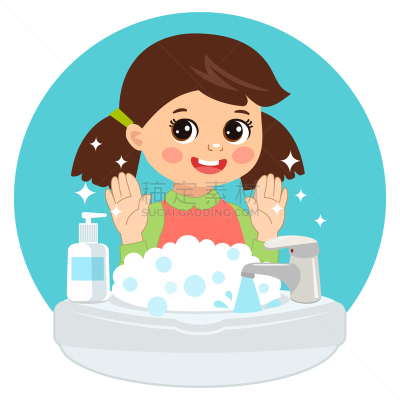 水槽,绘画插图,仅一个女孩,可爱的,矢量,洗手,洗手