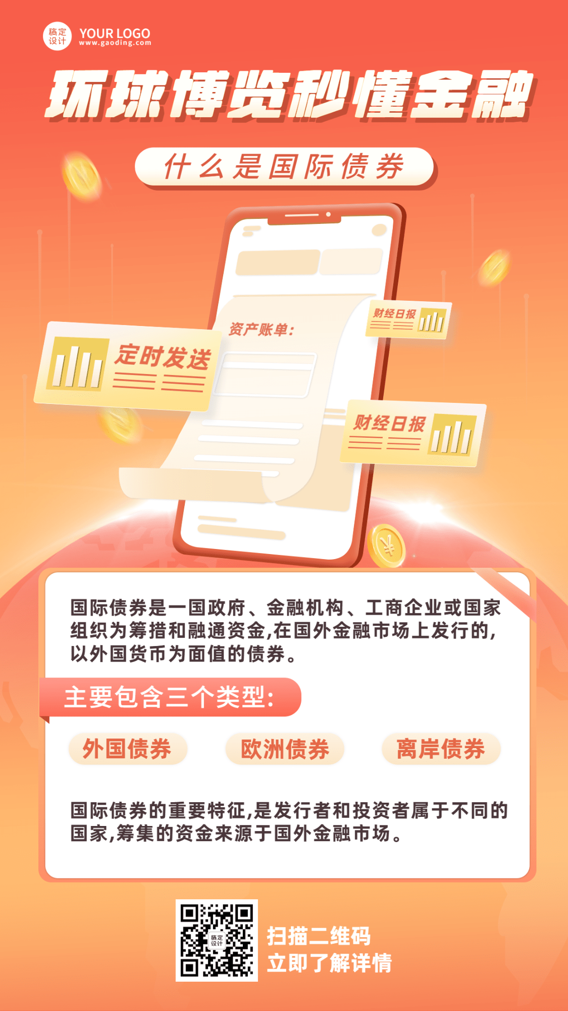 点击进入编辑 金融保险国际债券知识科普解读插画海报预览效果