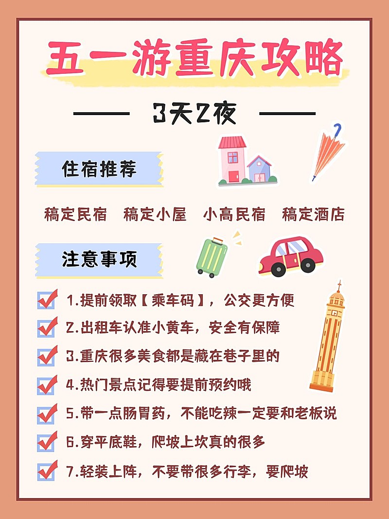 简约手绘风五一劳动节旅游出行攻略小红书配图