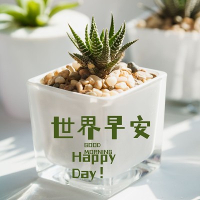 早安问候实景简约方形海报