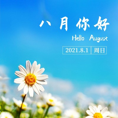 通用8月你好祝福清新方形海报