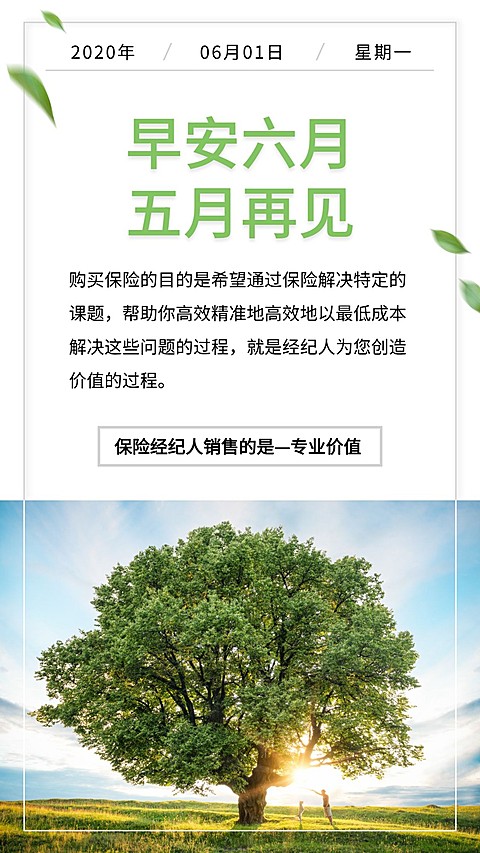 金融保险早安六月五月再见清新简约日签海报