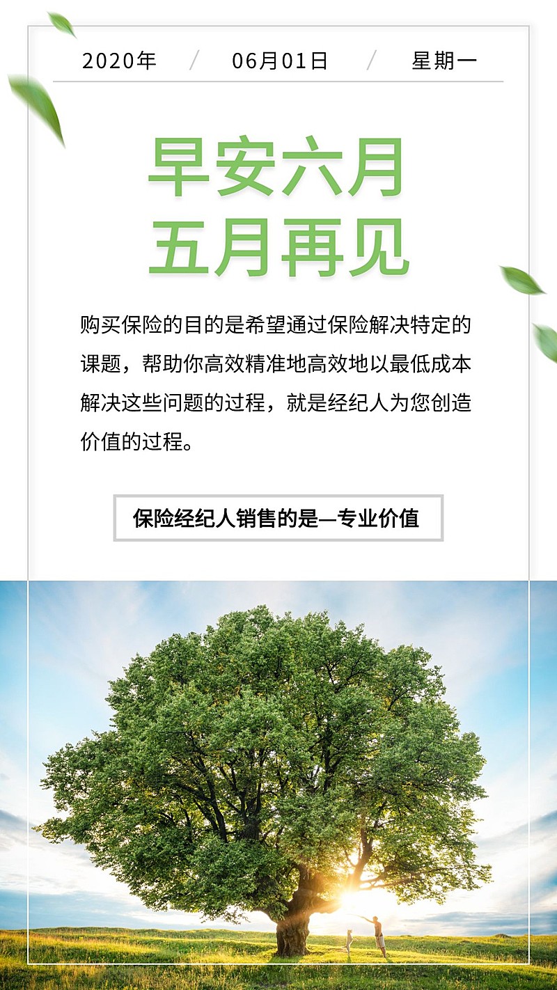 金融保险早安六月五月再见清新简约日签海报