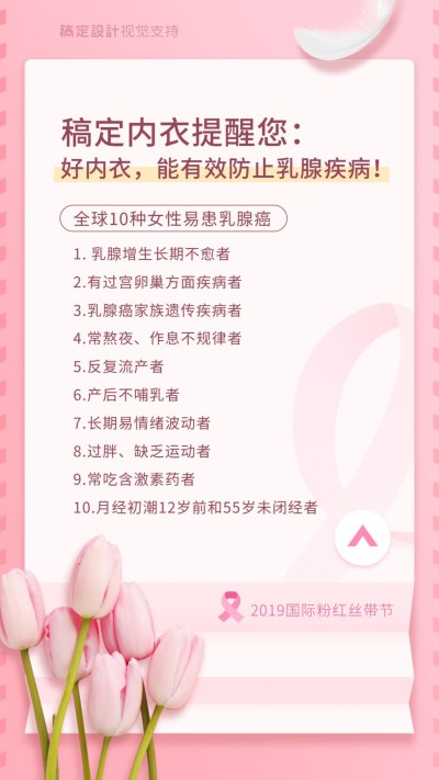 通用粉红丝带月乳腺知识科普简约竖版海报