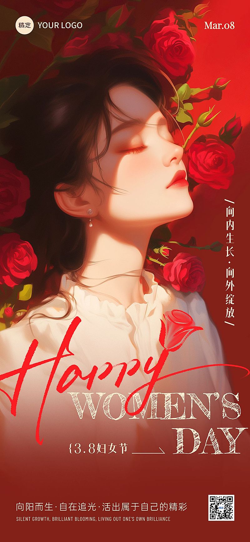 三八妇女节女神女王节节日祝福光影感全屏竖版海报AIGC