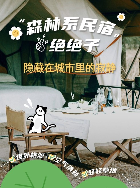 旅游森林系民宿推荐卡通涂鸦风小红书封面预览效果