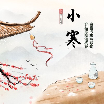 小寒节气祝福插画中国风方形海报
