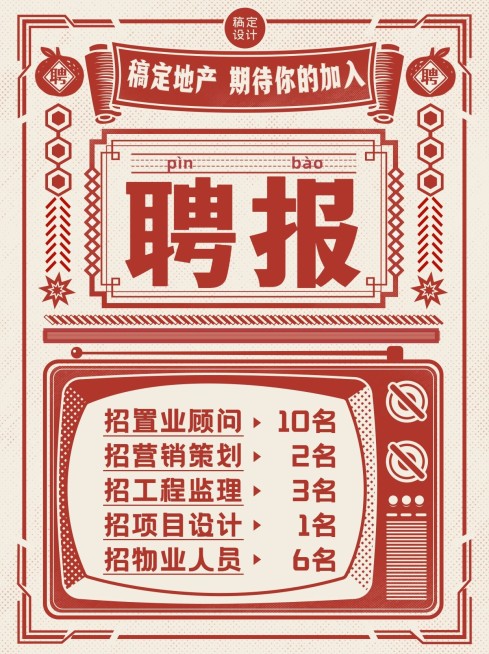 房地产招聘复古港风小红书配图预览效果