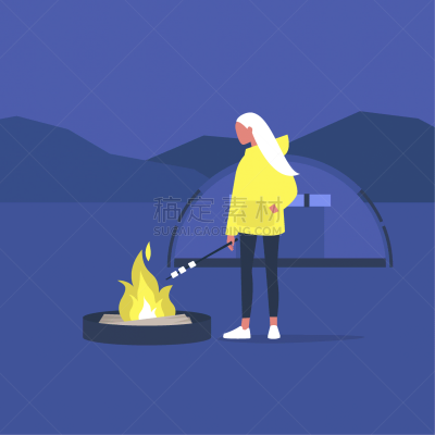 女性,徒步旅行,棉花软糖,烤的,营火,旅行者,青年人,森林,柴火,背景分离