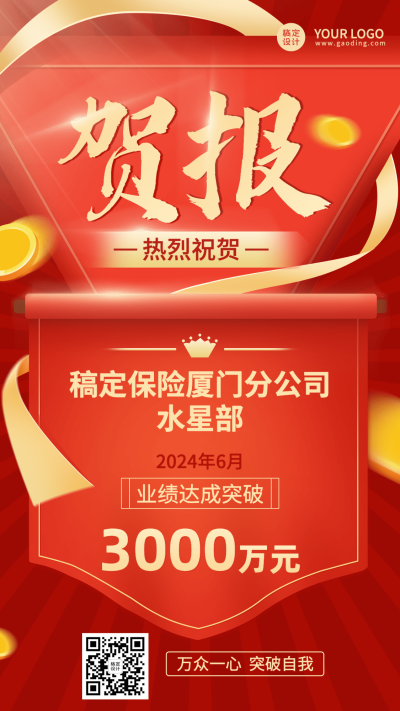 金融保险业绩表彰喜报贺报红金喜庆风手机海报