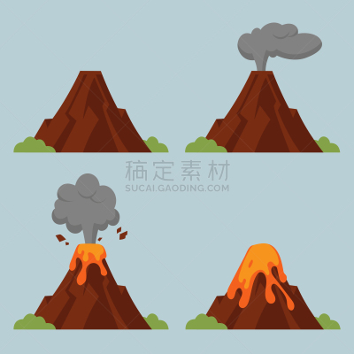绘画插图,火山,矢量,平坦的,组物体,分离着色,文凭,多样,爆发,布置