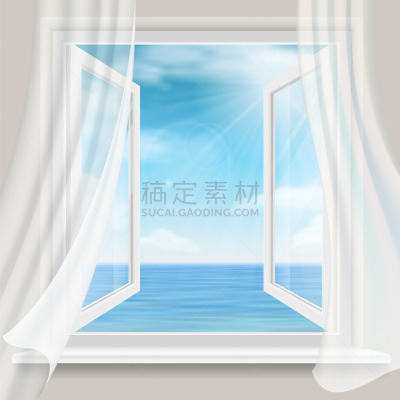 透过窗户往外看,窗帘,窗户,开着的,海洋,云景,波兰,热带气候,云,住宅内部