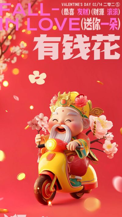 企业财神节情人节双节祝福虚拟自然风全屏竖版海报AIGC