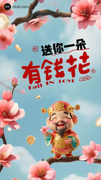 企业财神节情人节双节祝福文字创意全屏竖版海报AIGC
