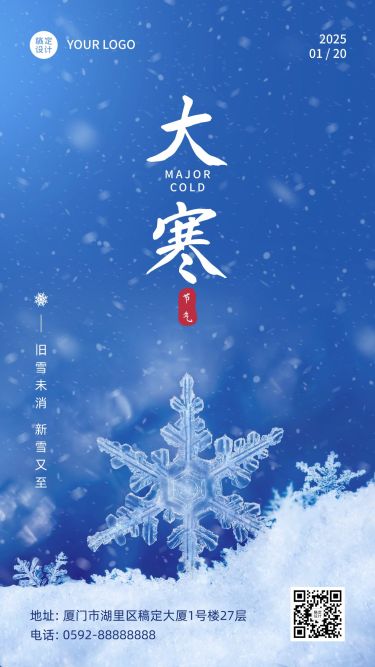 大寒节气雪花特写冬日祝福手机海报