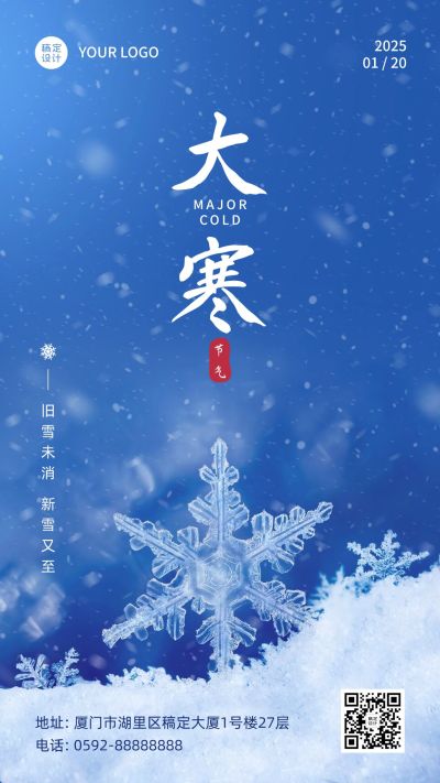 大寒节气雪花特写冬日祝福手机海报