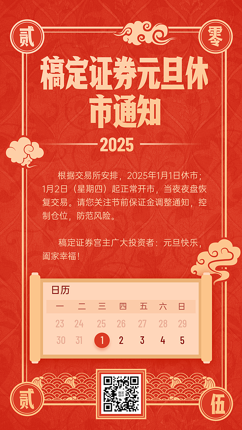 元旦金融保险休市通知中国风海报