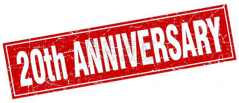 橡皮章,第二十周年,正方形,分离着色,数字20,红色,周年纪念,白色背景,模板,复古