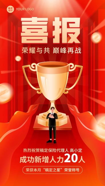 金融保险增员业绩表彰喜报喜庆手机海报预览效果