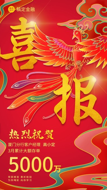 金融银行业绩表彰喜报国潮风手机海报预览效果