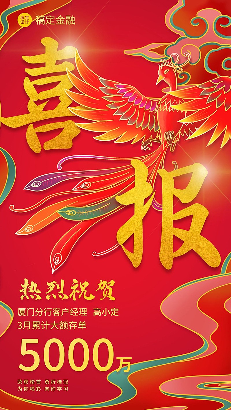 金融银行业绩表彰喜报国潮风手机海报