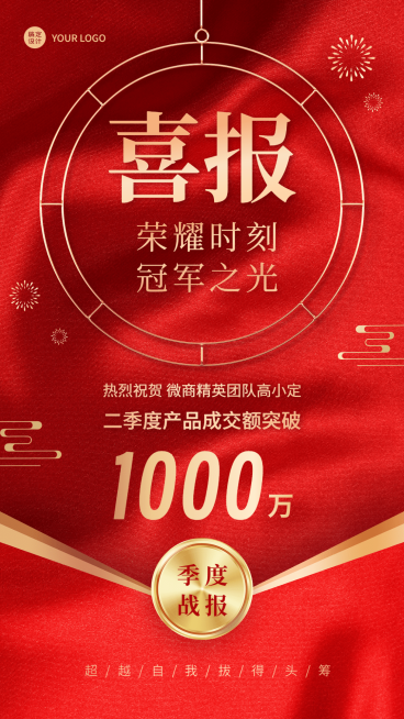 微商销售业绩表彰喜报贺报红金风手机海报预览效果